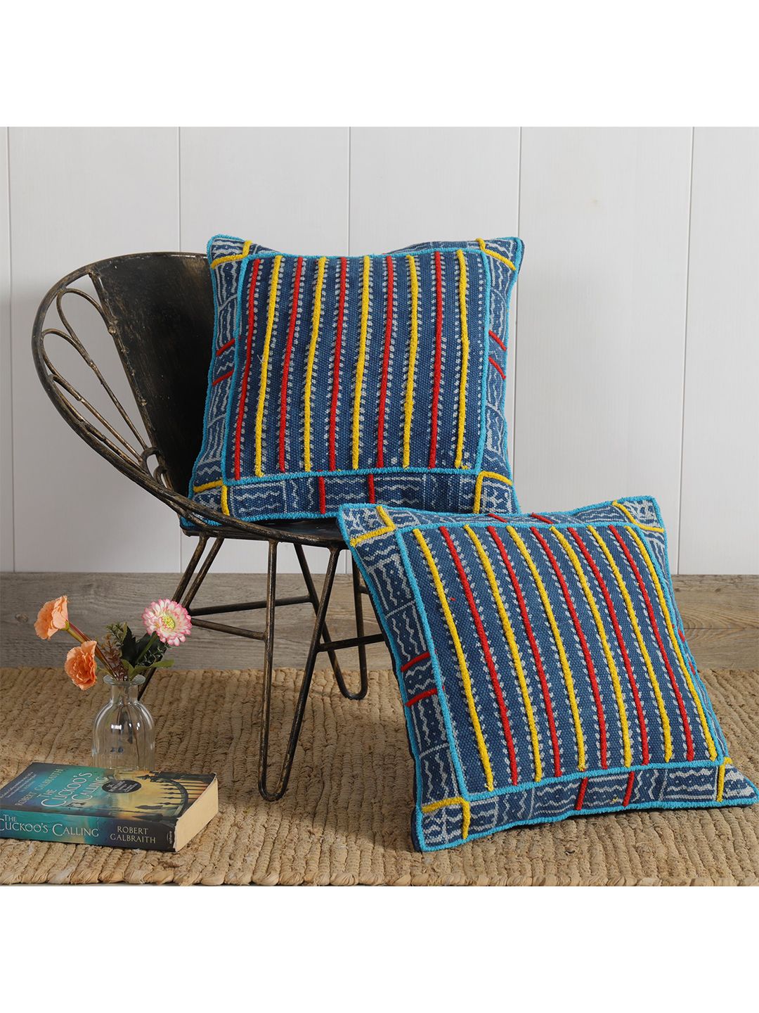 HANDICRAFT PALACE Blue & Yellow Set of 2 Square Cushion Covers Price in India