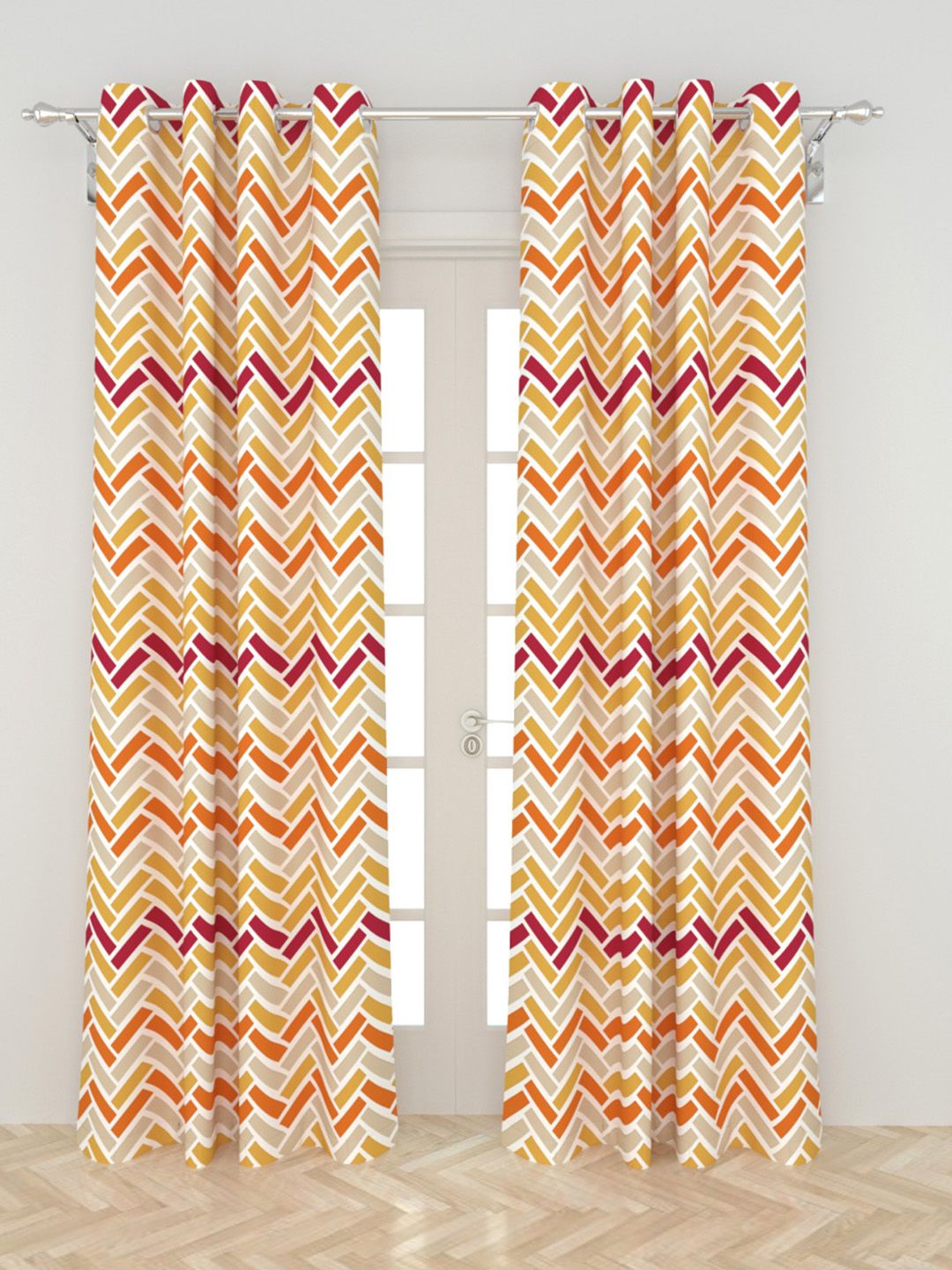 Home Centre White & Orange Set of 2 Geometric Black Out Door Curtain Price in India