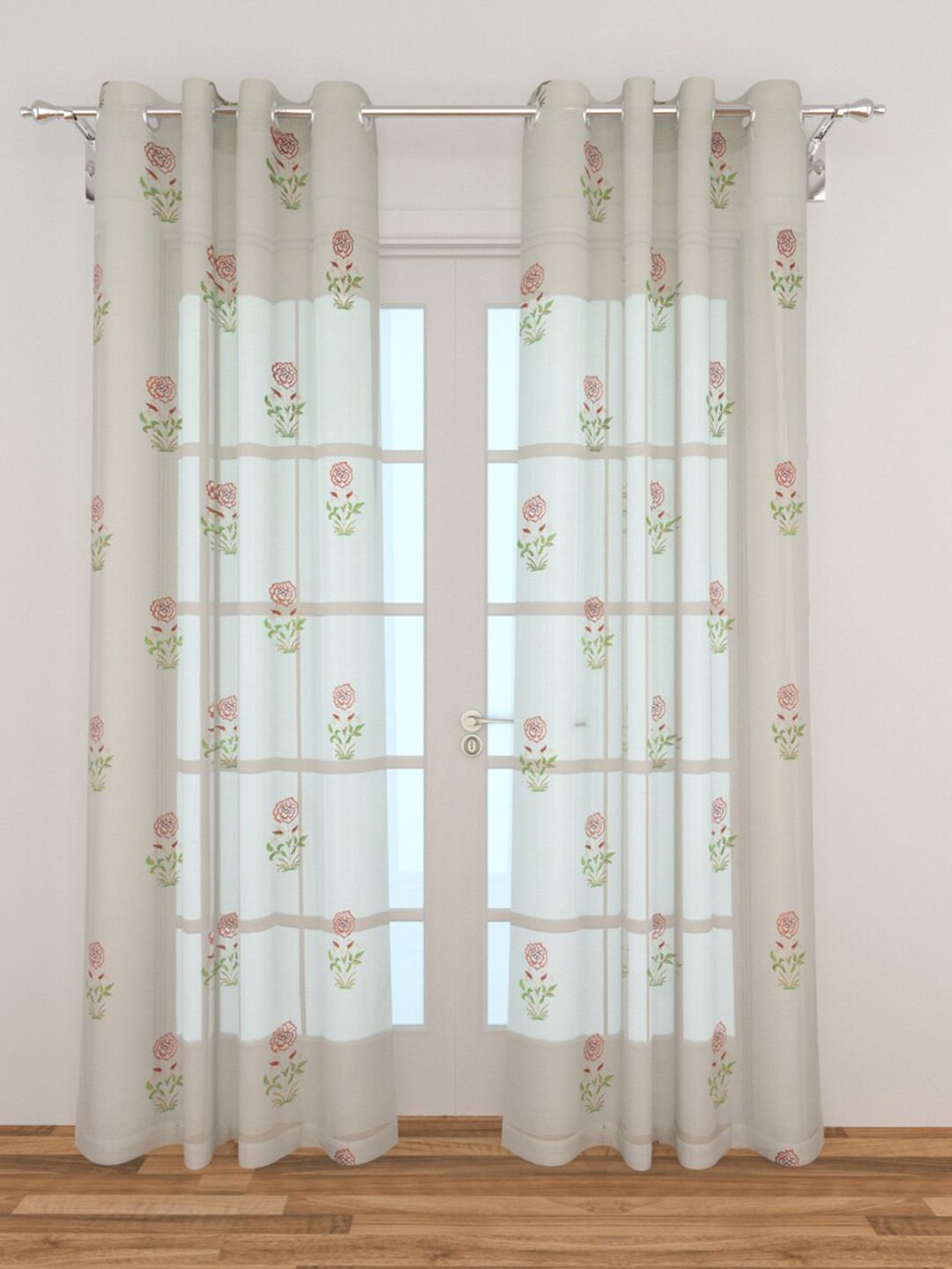 Home Centre White & Red Set of 2 Floral Sheer Door Curtain Price in India