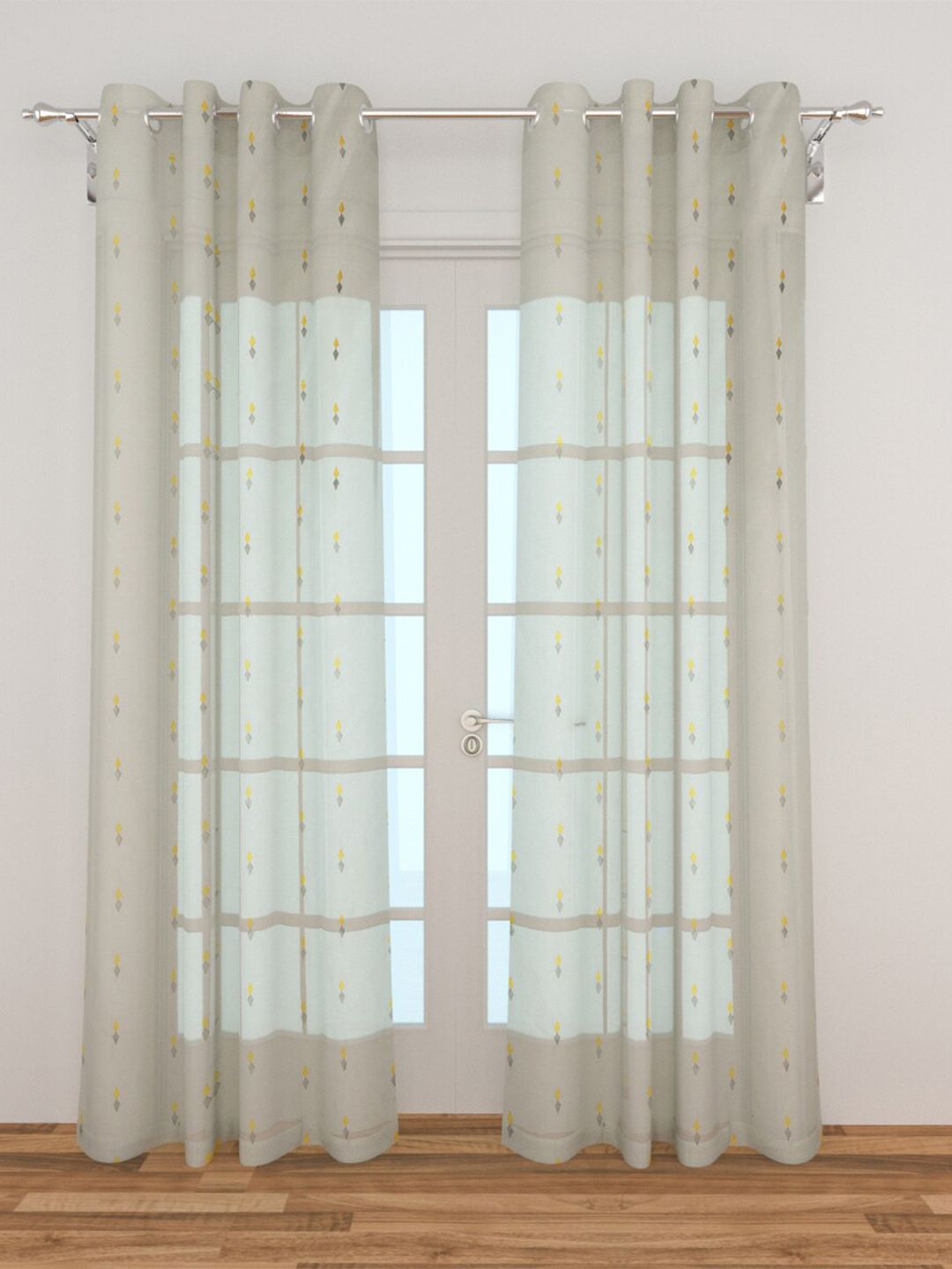 Home Centre Grey & Yellow Set of 2 Geometric Embroidered Sheer Door Curtain Price in India