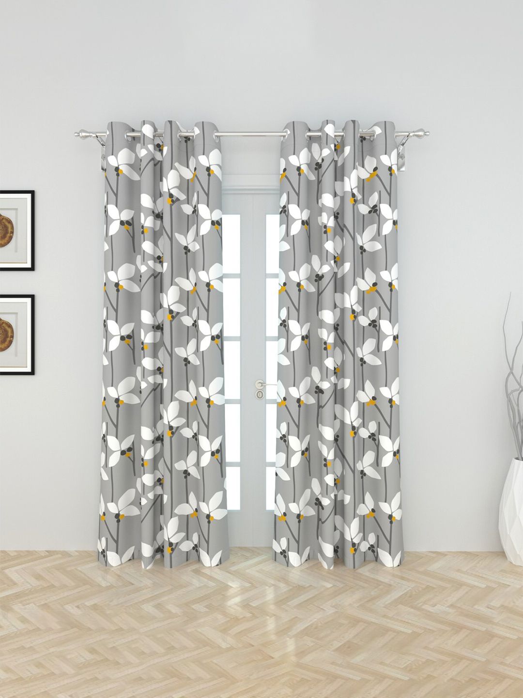 Home Centre Grey & White Set of 2 Floral Door Curtain Price in India