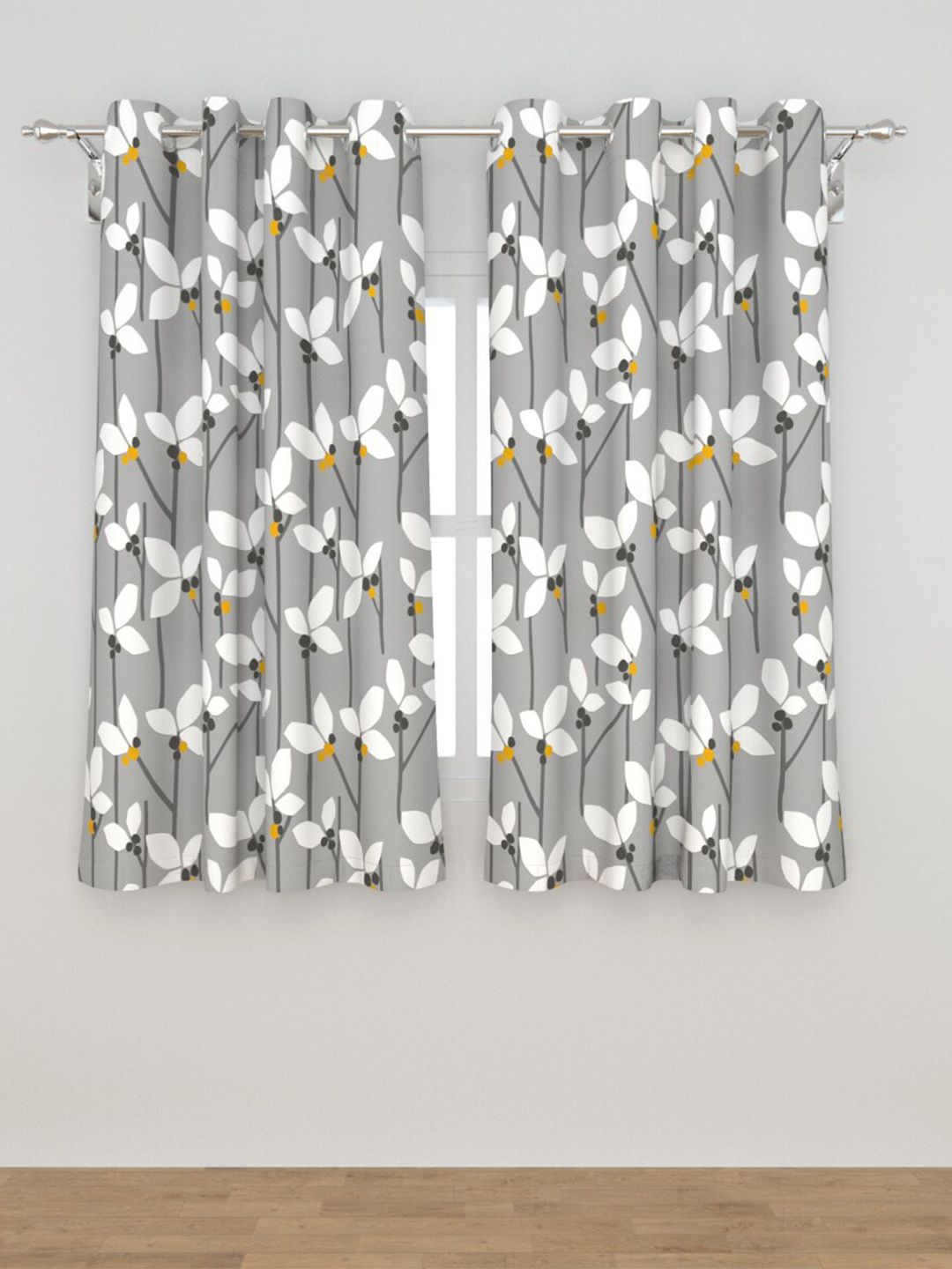 Home Centre Grey & White Set of 2 Floral Semi-Blackout Window Curtain Price in India
