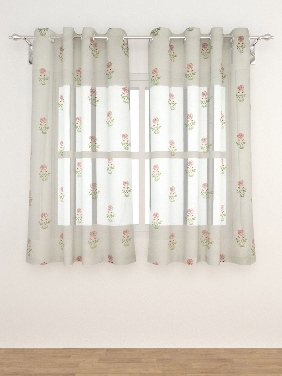 Home Centre Grey & Red Set of 2 Floral Embroidered Sheer Window Curtain Price in India