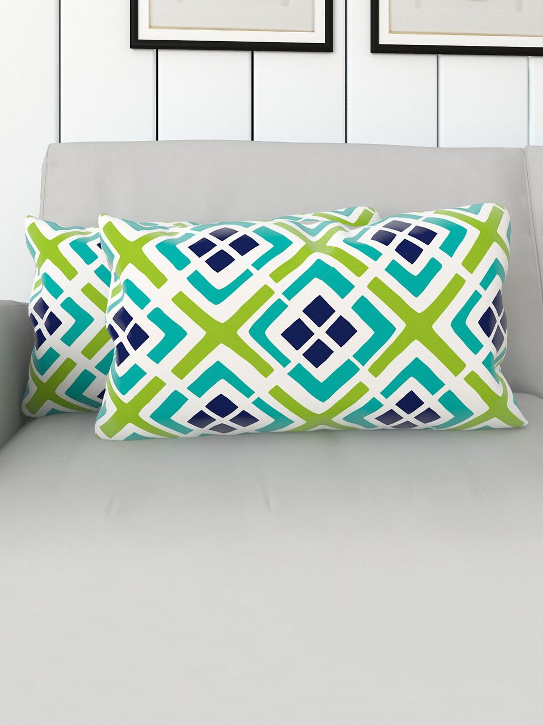 Home Centre Set Of 2 White & Green Printed Cotton Filled Cushions Price in India