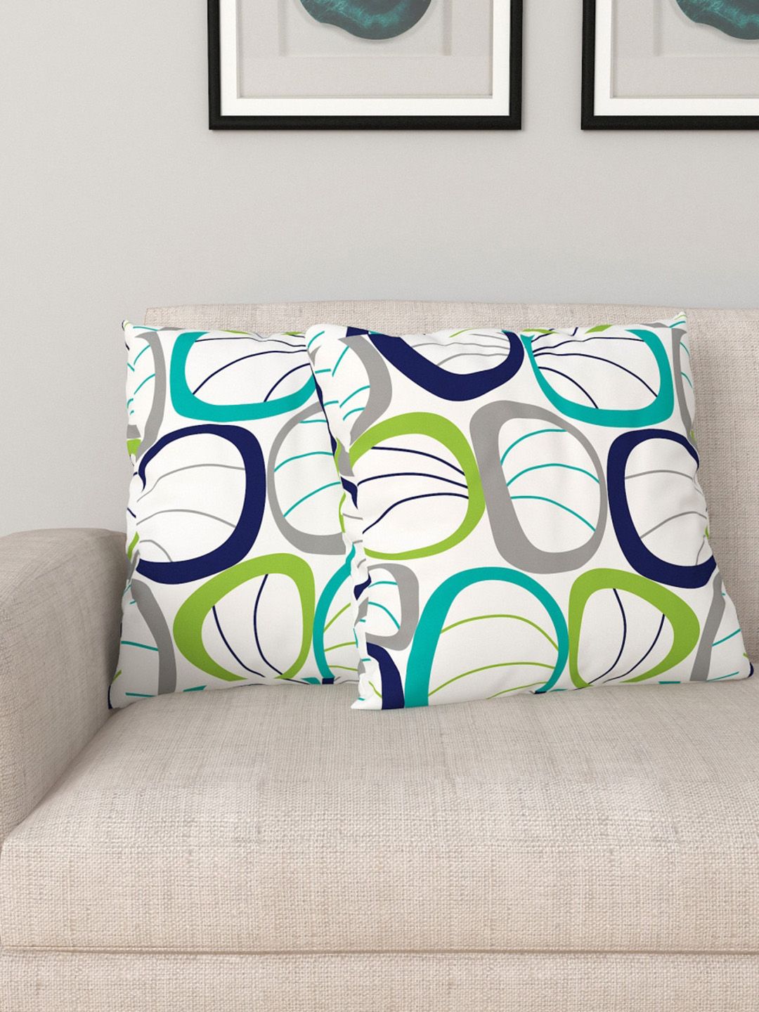 Home Centre Set Of 2 White & Green Printed Filled Cotton Cushion Price in India