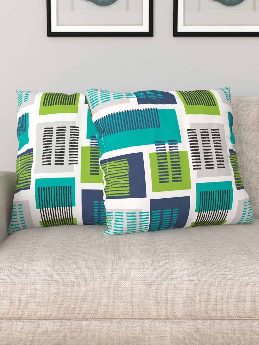 Home Centre Set of 2 White, Blue & Green Printed Cotton Filled Cushions Price in India
