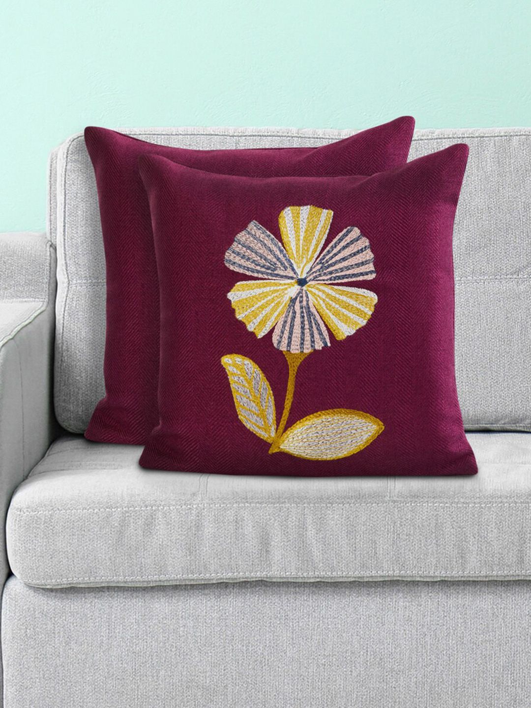 Home Centre Purple & Yellow Set of 2 Floral Embroidered Square Cushion Covers Price in India