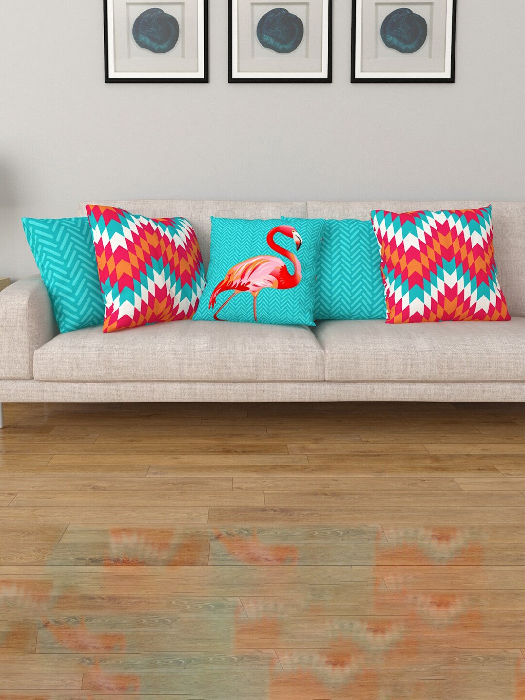 Home Centre Turquoise Blue & Red Set of 5 Printed Square Cushion Covers Price in India