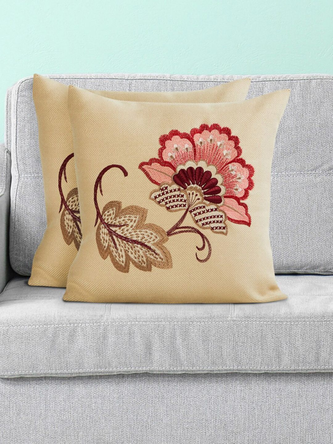 Home Centre Beige & Red Set of 2 Floral Square Cushion Covers Price in India