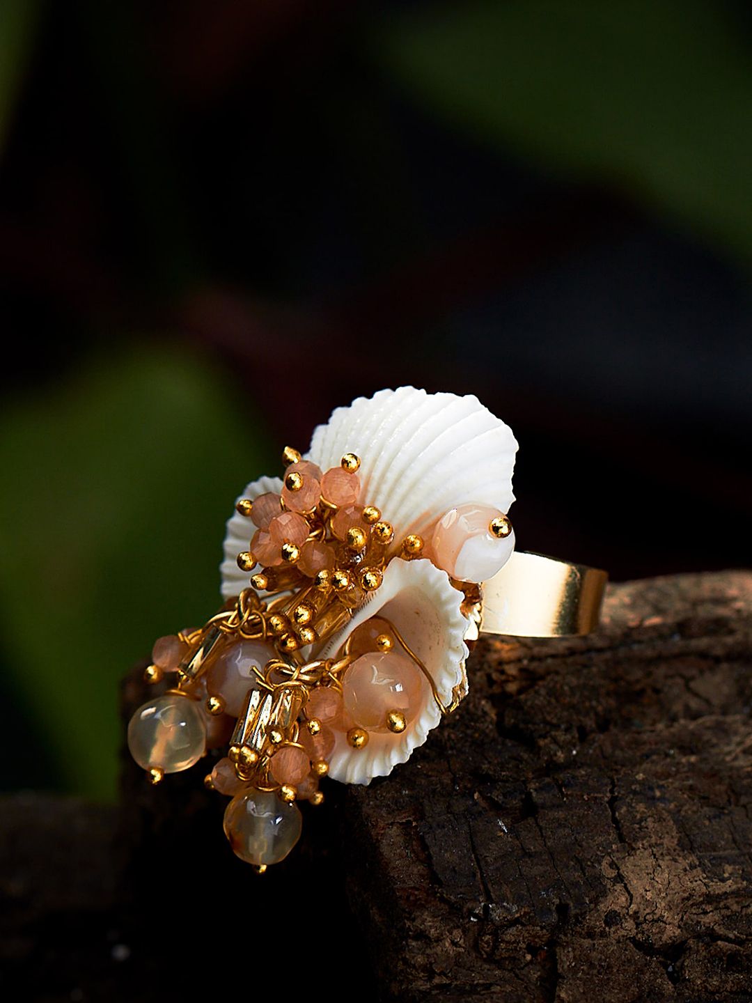 D'oro Gold-Plated Beige & White Beaded Handcrafted Adjustable Finger Ring Price in India