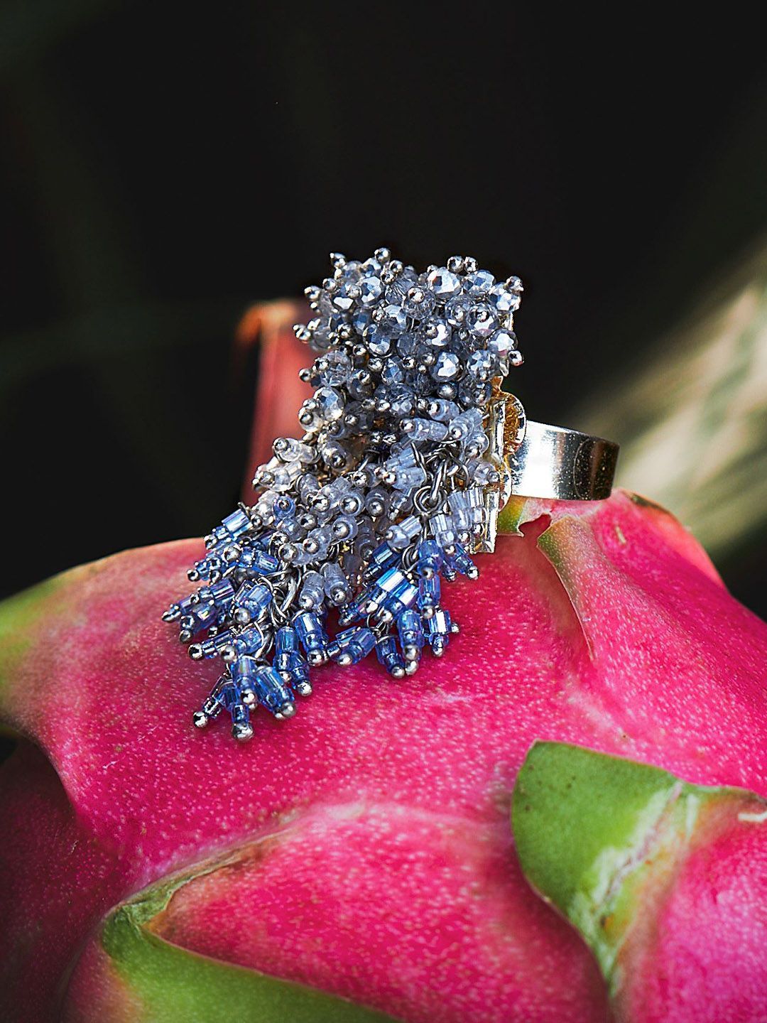 D'oro Gold-Plated Silver-Toned Blue Crystal Studded & Beaded Finger Ring Price in India