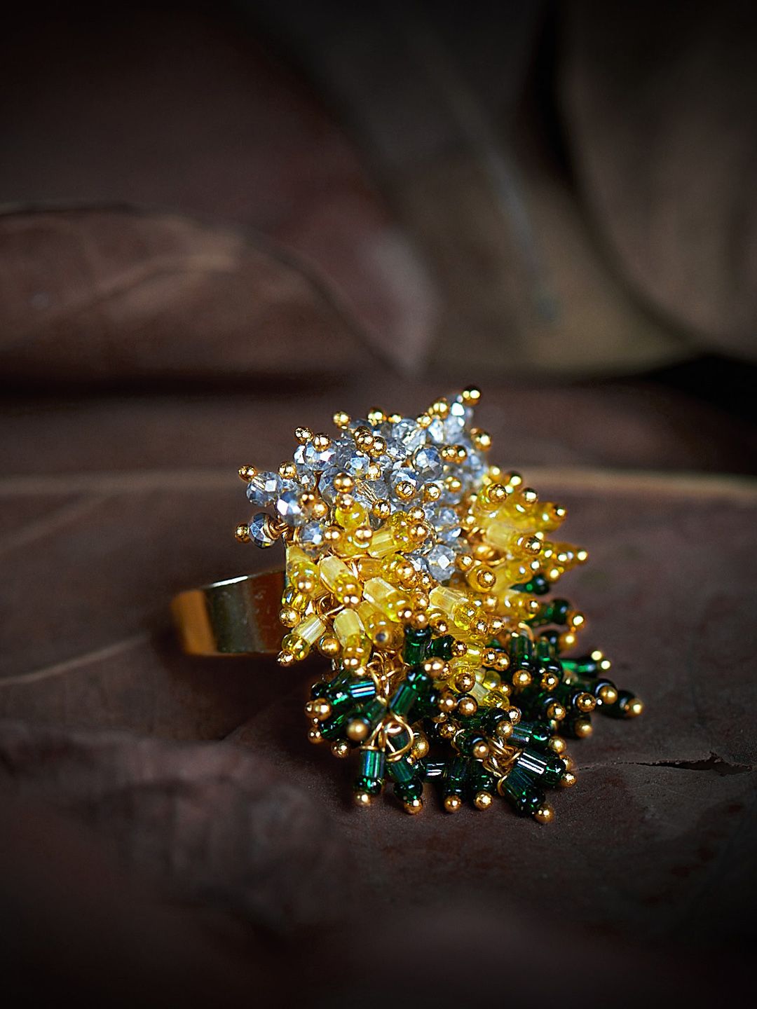 D'oro Gold-Plated Yellow & Green Beaded Dangler Finger Ring Price in India