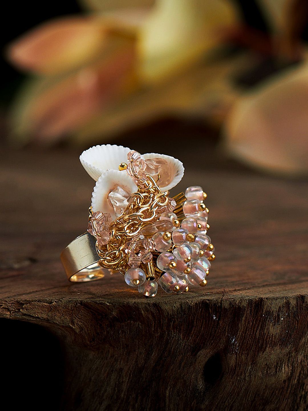 D'oro Gold-Plated Peach Adjustable Finger Ring With Pearls & Metallic Beads Price in India