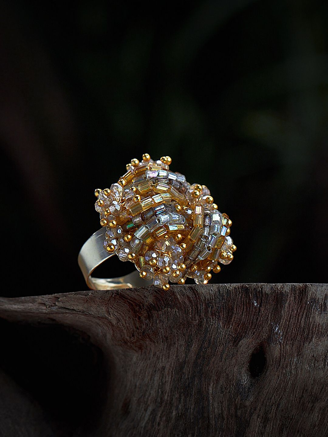 D'oro Gold-Plated Adjustable Finer Ring Embellished With Crystals & Glass Beads Price in India