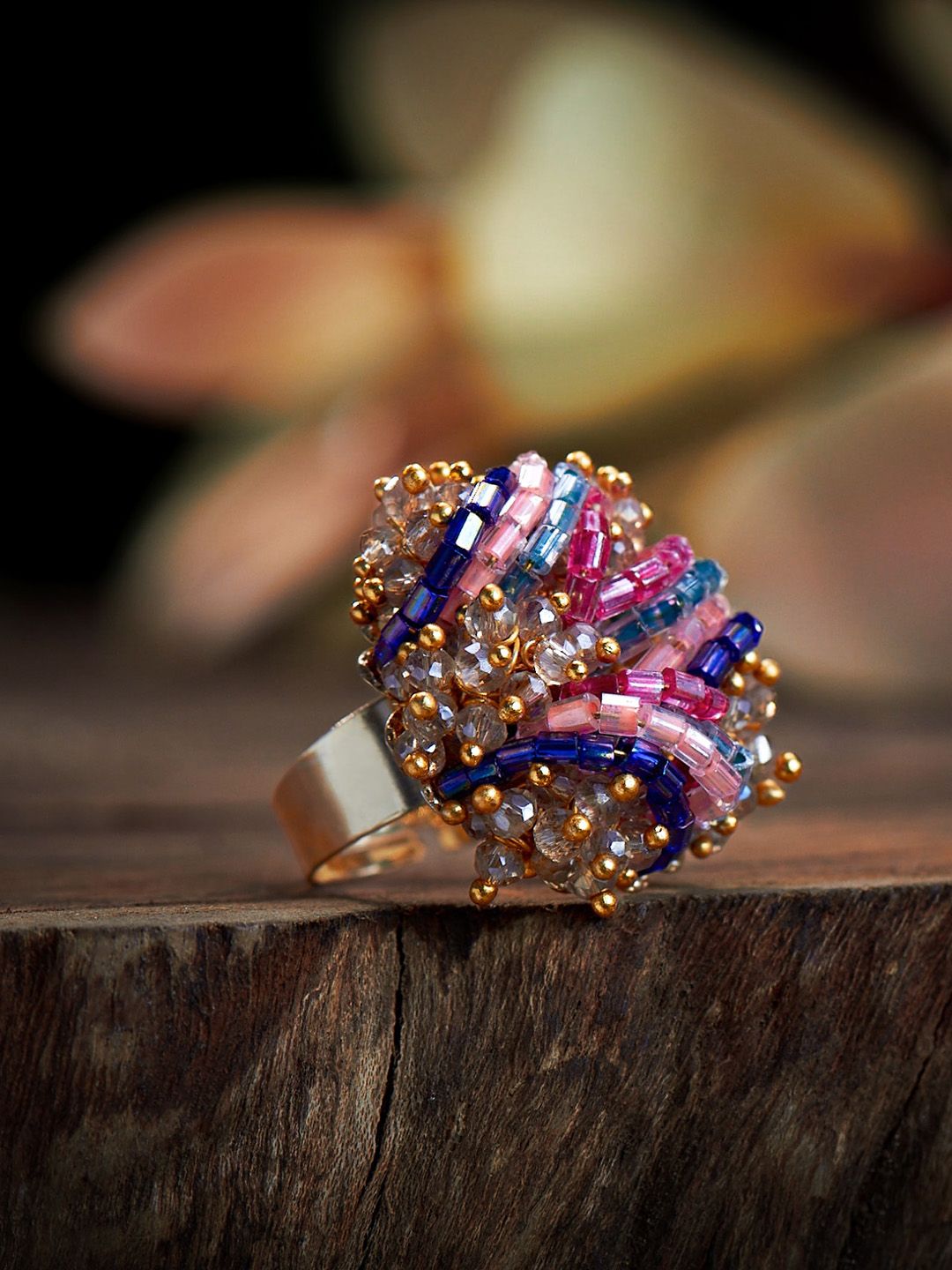 D'oro Gold-Plated Multi-Coloured Stone-Studded Adjustable Finger Ring Price in India