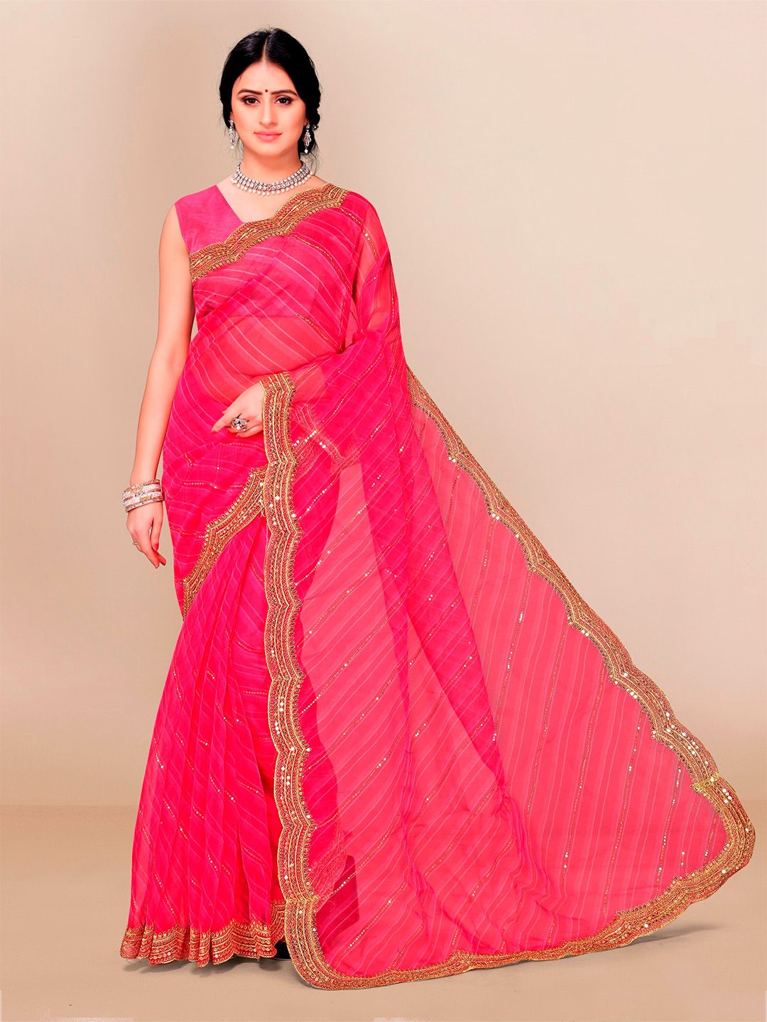VAIRAGEE Pink & Gold-Toned Striped Embroidered Organza Saree Price in India