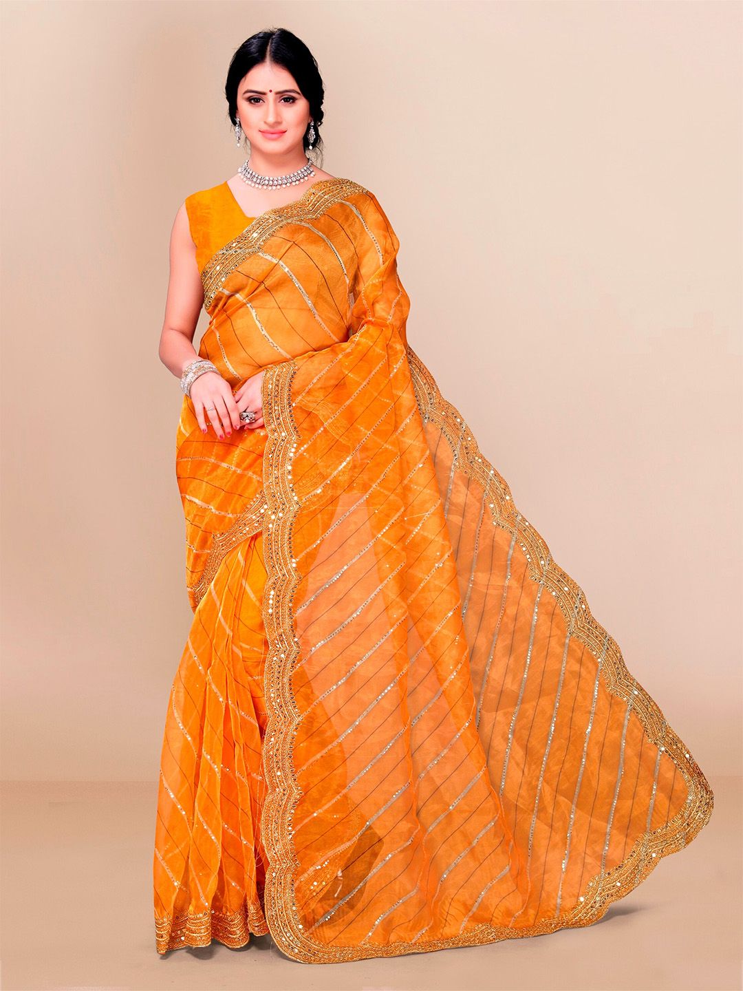 VAIRAGEE Yellow & Gold-Toned Embellished Organza Saree Price in India