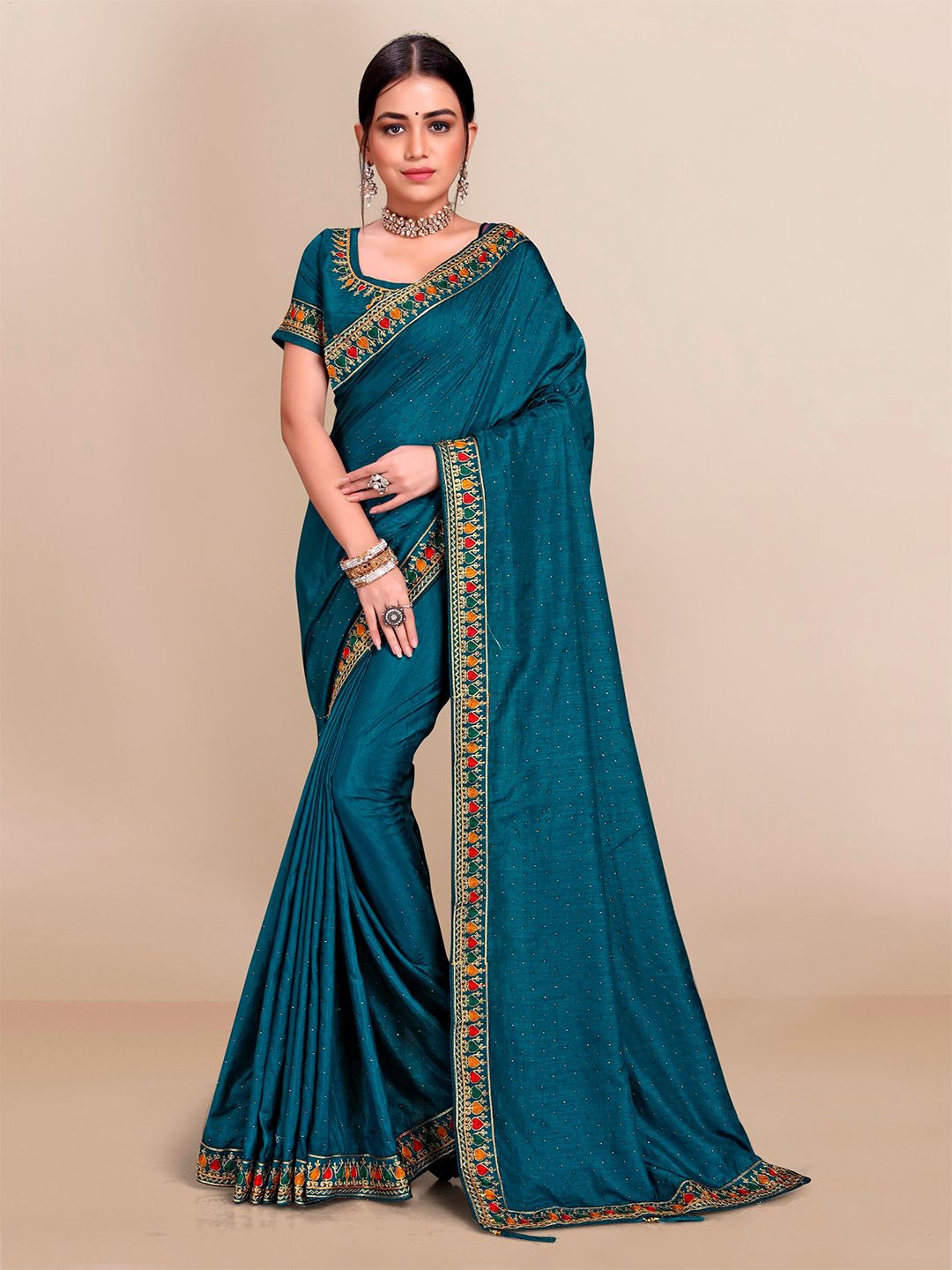 VAIRAGEE Teal & Gold-Toned Embroidered Silk Blend Saree Price in India