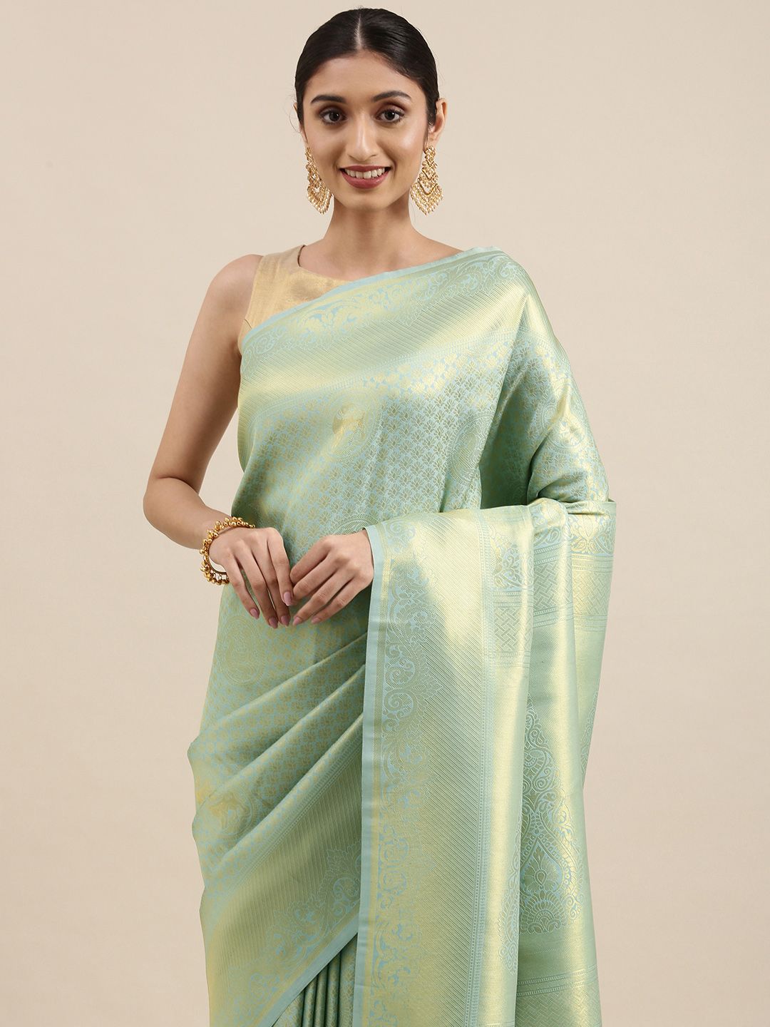 Mitera Sea Green & Gold-Toned Ethnic Motifs Zari Pure Silk Kanjeevaram Saree Price in India