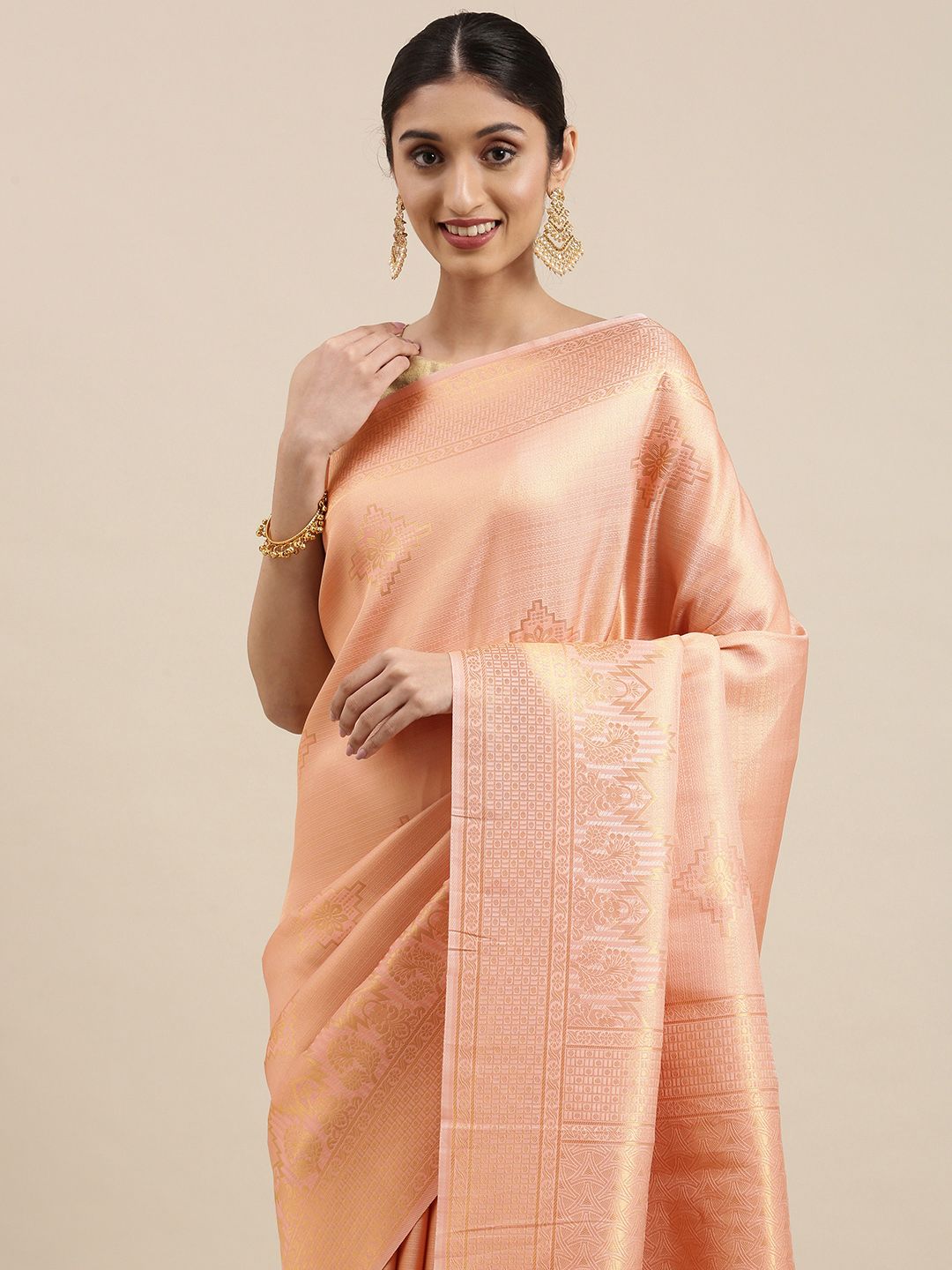 Mitera Peach-Coloured & Gold-Toned Ethnic Motifs Zari Pure Silk Kanjeevaram Saree Price in India