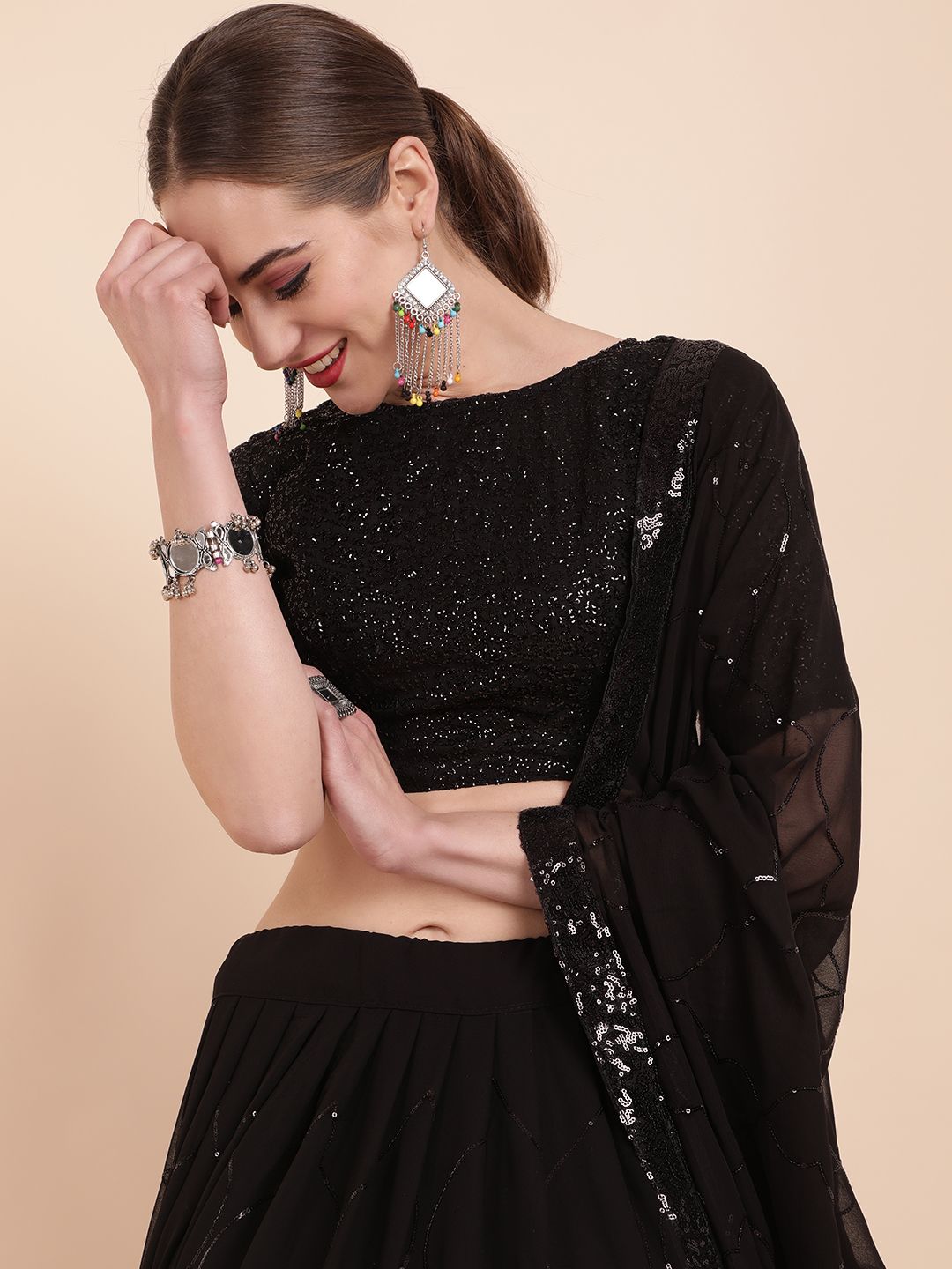 Sangria Black Embellished Sequinned Ready to Wear Lehenga & Semi-Stitched Blouse With Dupatta Price in India