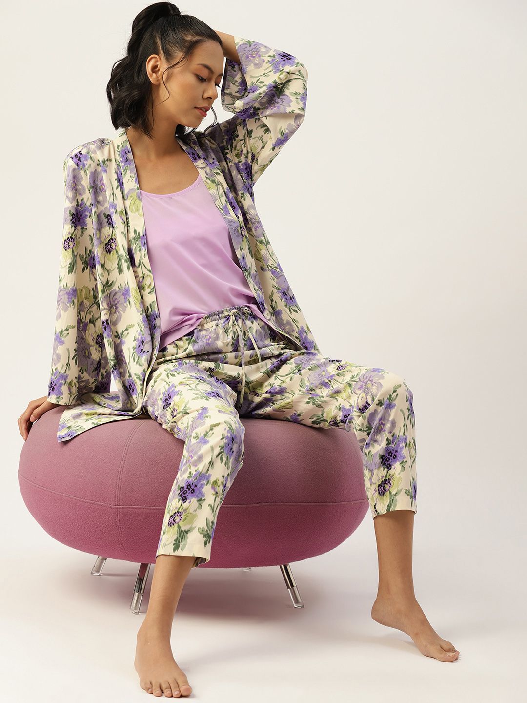 ETC Women Lavender & Cream-Coloured Printed Night suit Price in India