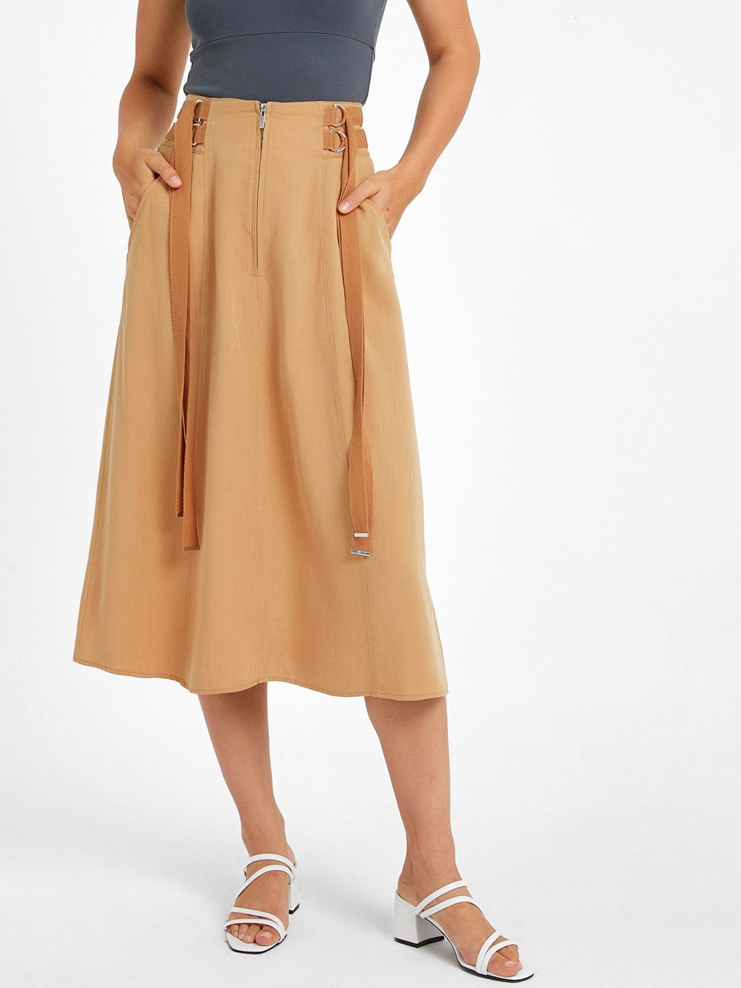 OXXO Women Camel Brown Solid A-Line Midi Belted Skirt
