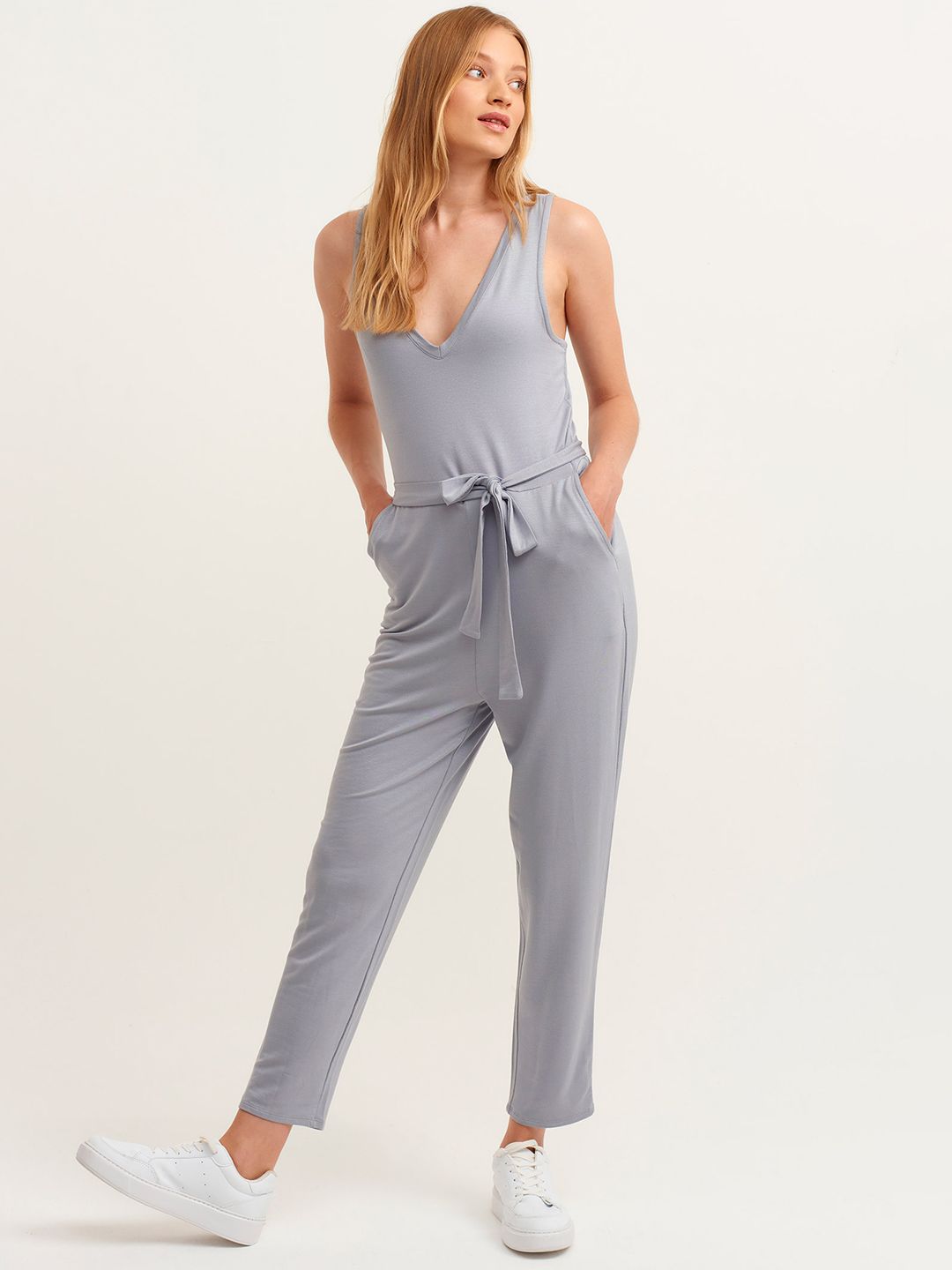 OXXO Women Grey Solid Knitted Overall Basic Jumpsuit Price in India