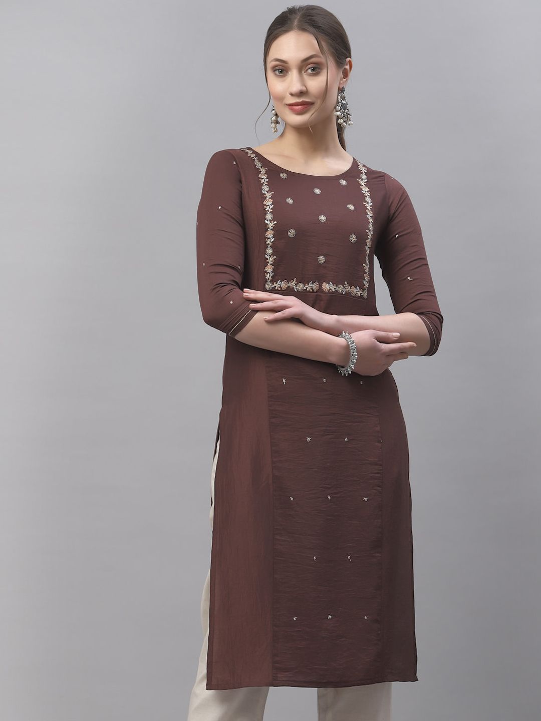 KALINI Women Brown Ethnic Motifs Embroidered Thread Work Kurta Price in India