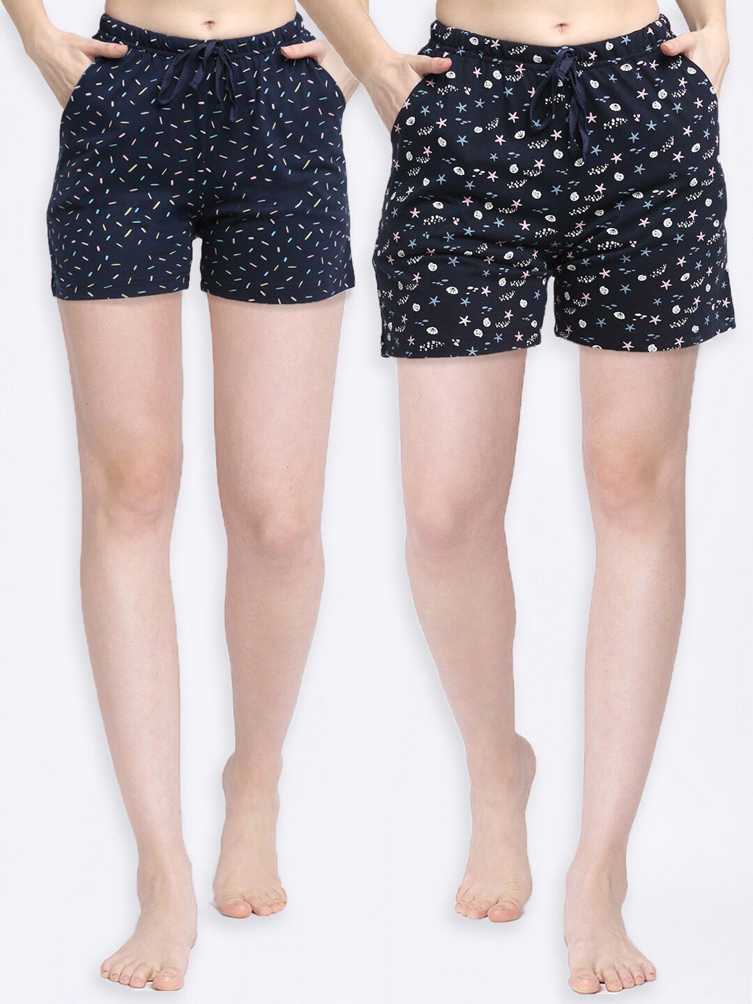 Kanvin Women Pack of 2 Navy Blue Printed Pure Cotton Lounge Shorts Price in India