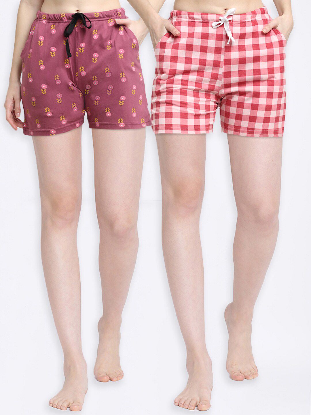 Kanvin Women Pink & Red Set of 2 Printed Cotton Lounge Shorts Price in India
