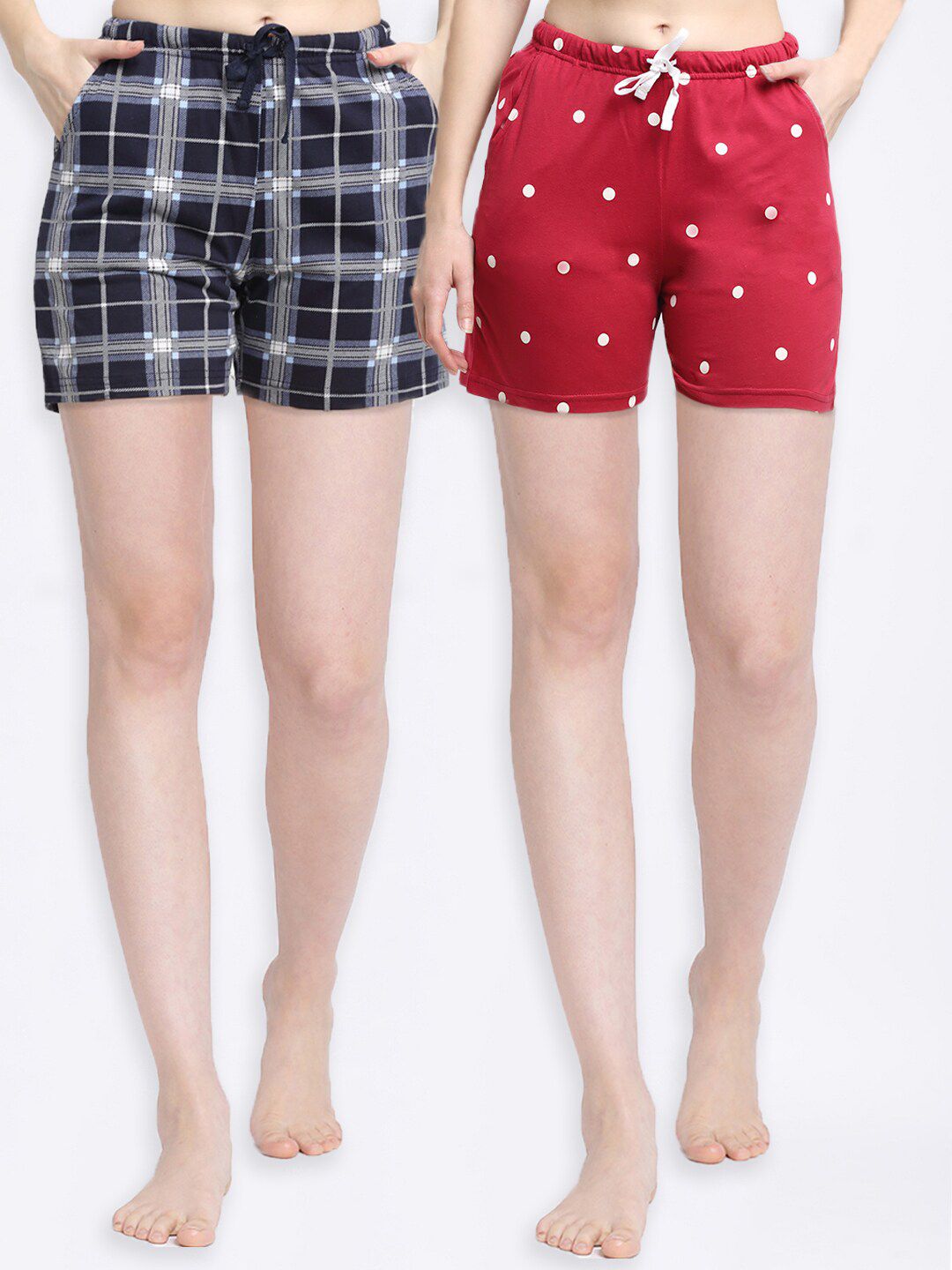 Kanvin Women Navy Blue & Red Set Of 2 Checked Cotton Lounge Shorts Price in India