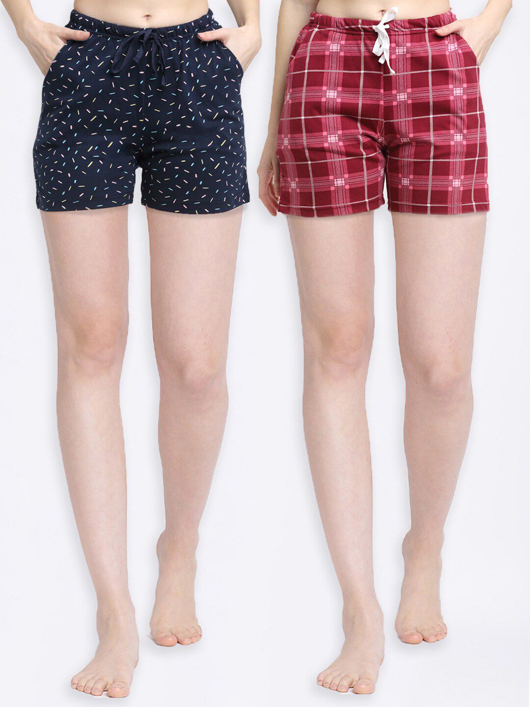 Kanvin Women Pack of 2 Blue & Red Checked Lounge Shorts Price in India