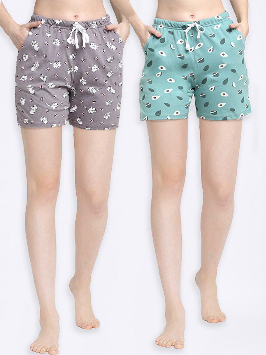 Kanvin Women Grey & Green Set Of 2 Printed Cotton Lounge Shorts Price in India