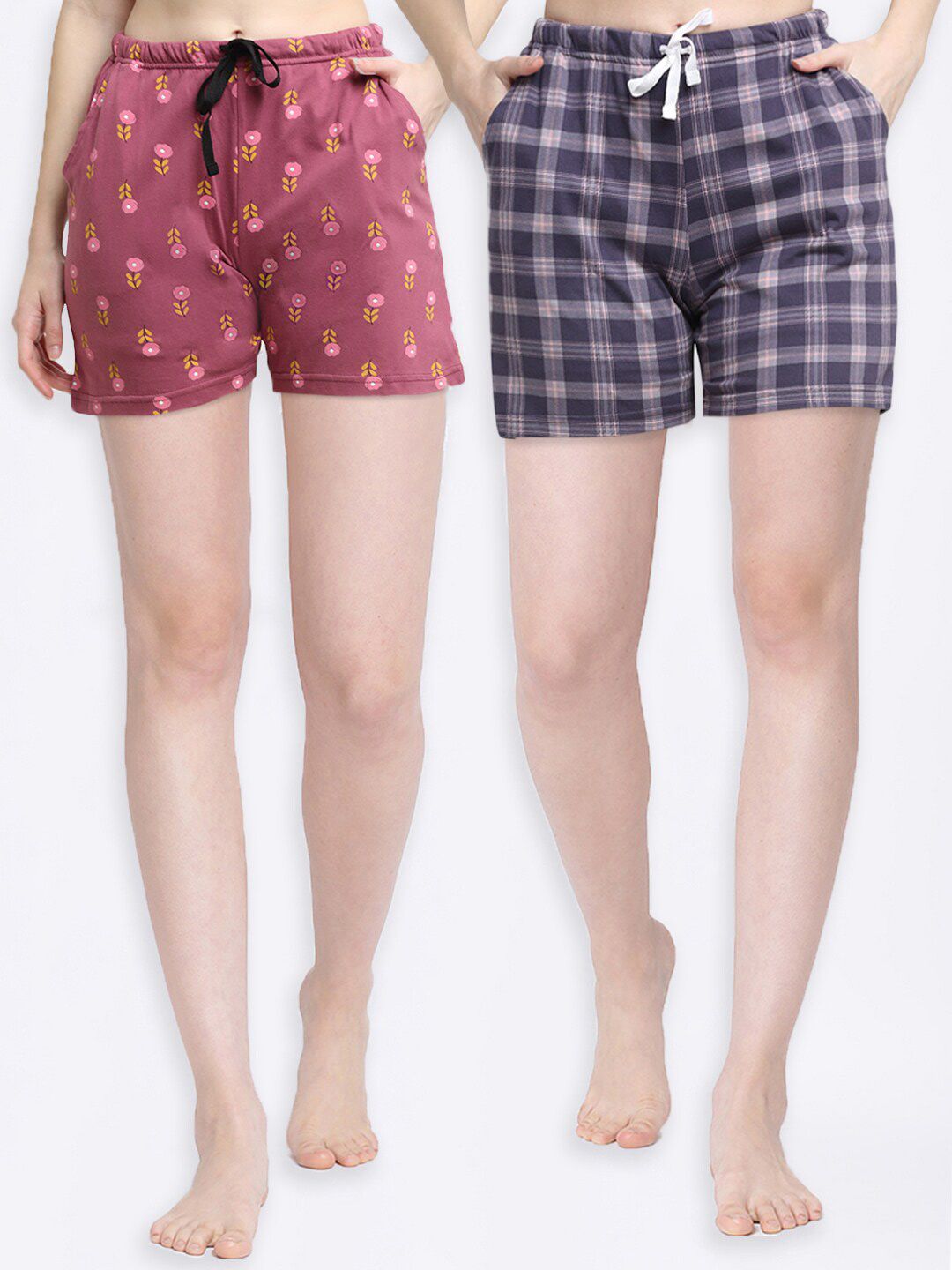 Kanvin Women Pink & Purple 2 Checked Lounge Shorts Price in India