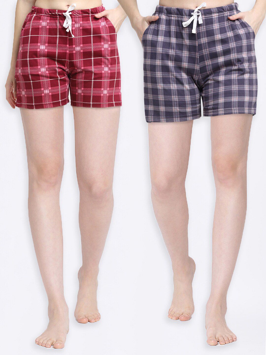 Kanvin Women Pack of 2 Red & Purple Printed Pure Cotton Lounge Shorts Price in India