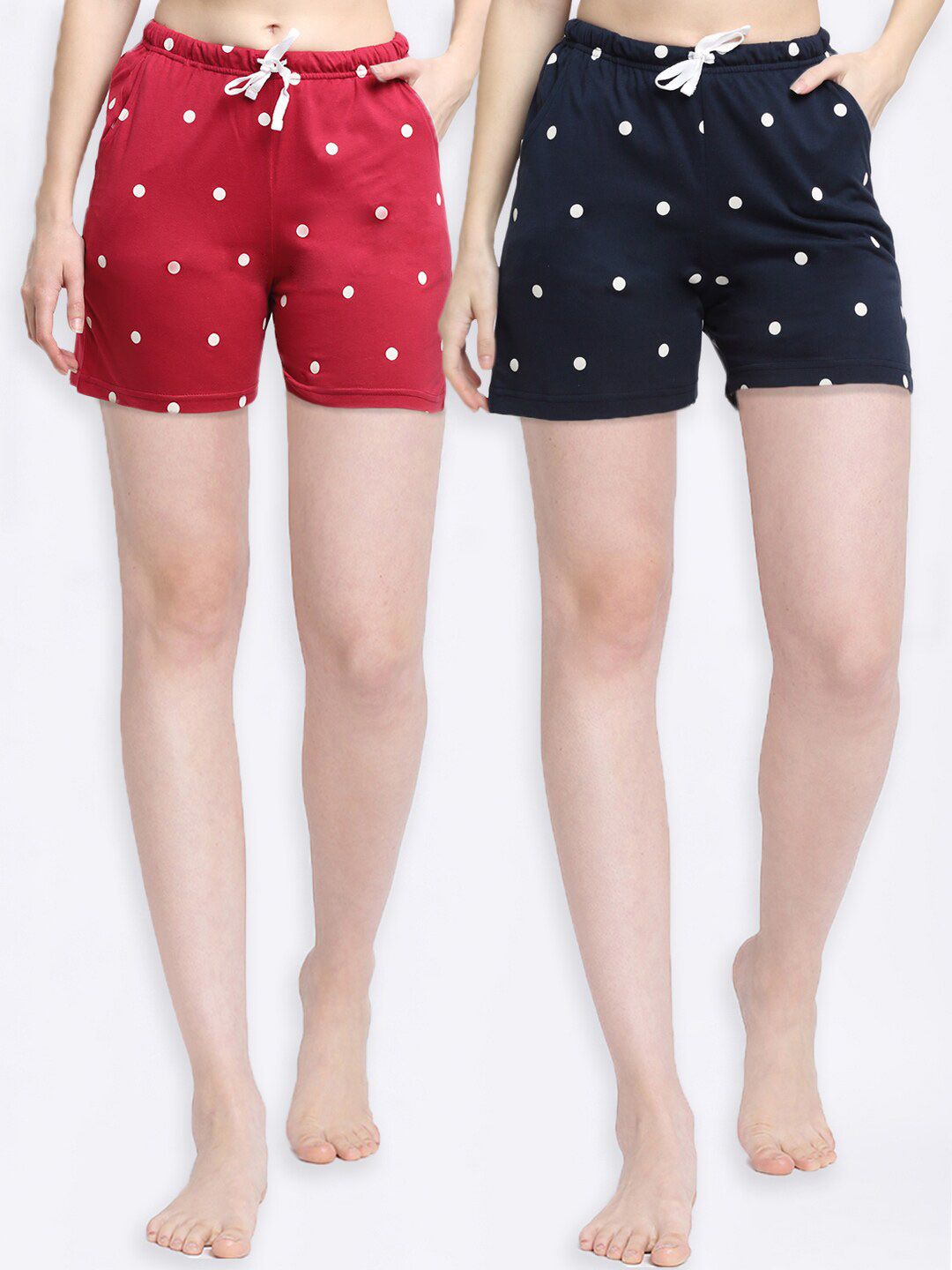 Kanvin Women Red & Navy Blue Set of 2 Printed Cotton Lounge Shorts Price in India