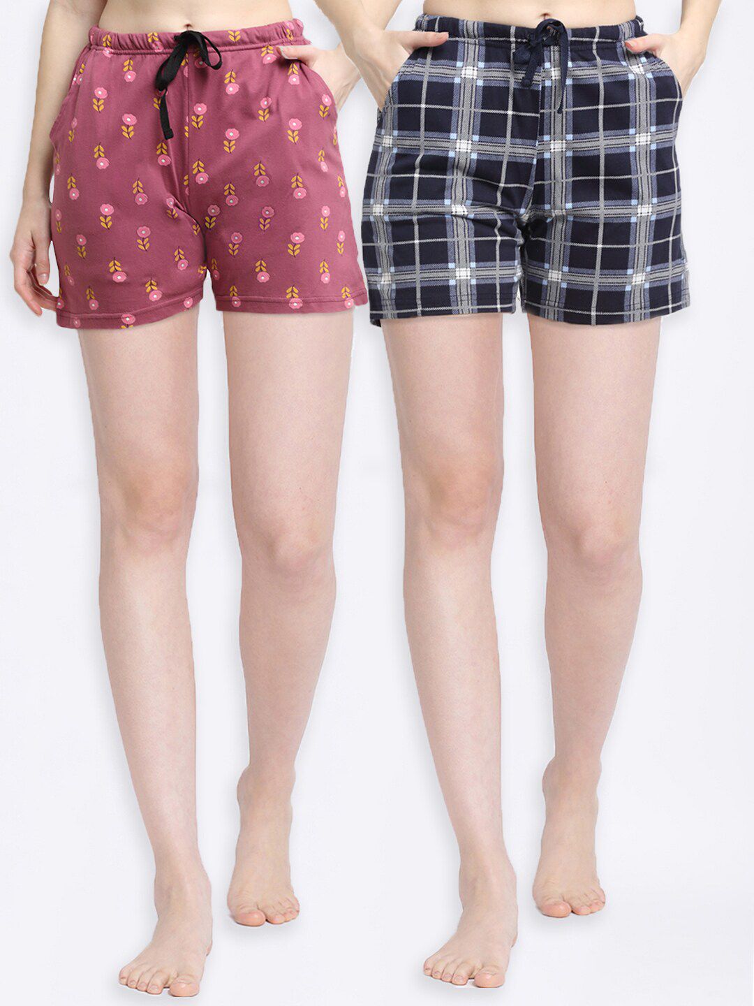 Kanvin Women Peach-Coloured & Navy Blue Set of 2 Printed Cotton Lounge Shorts Price in India