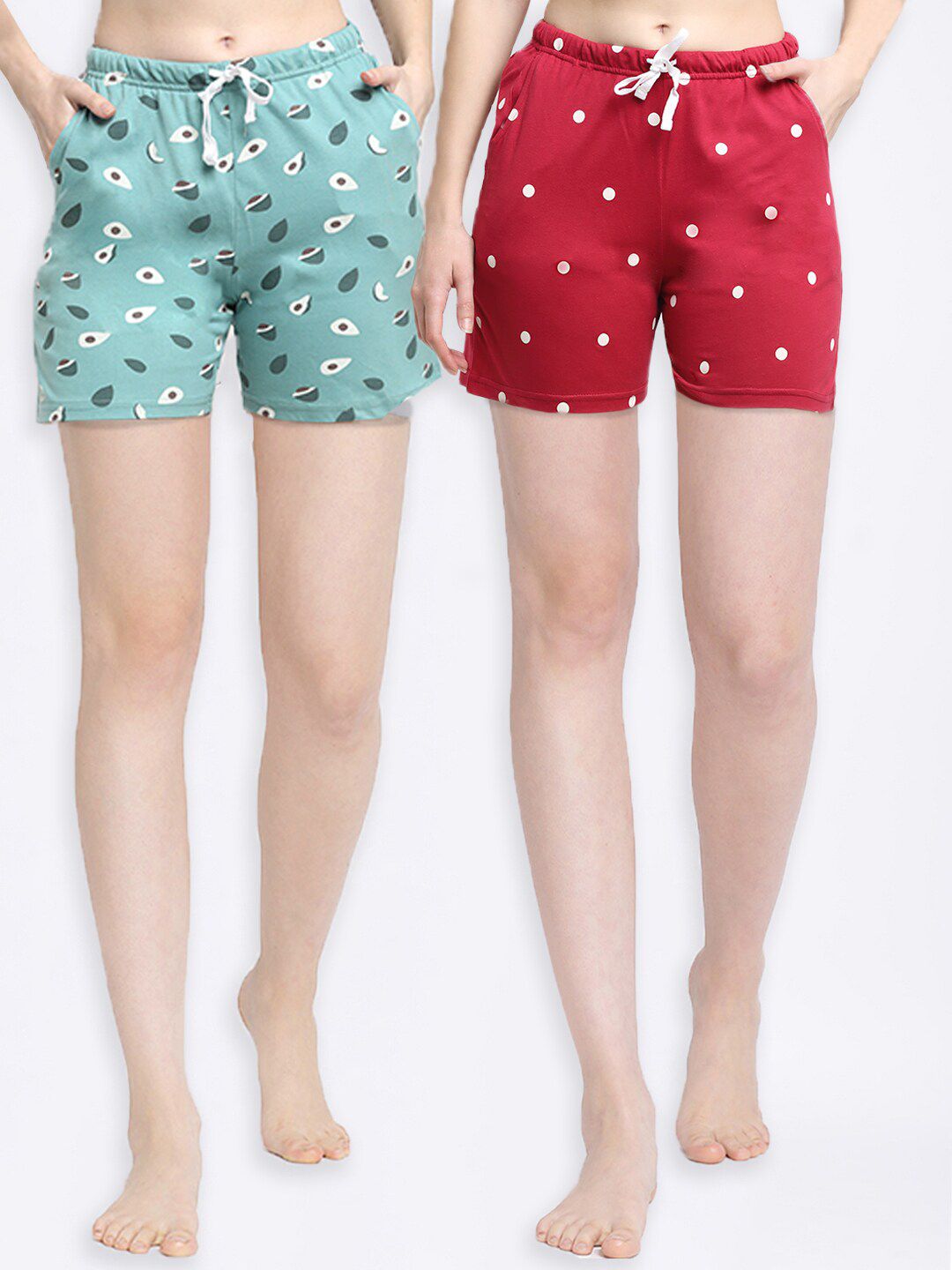 Kanvin Women Pack of 2 Green & Red Printed Pure Cotton Lounge Shorts Price in India