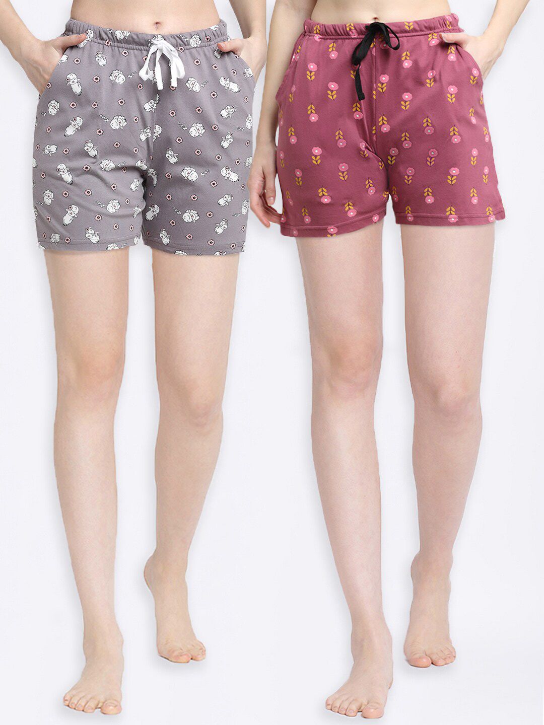 Kanvin Women Grey & Pink Set Of 2 Printed Cotton Lounge Shorts Price in India