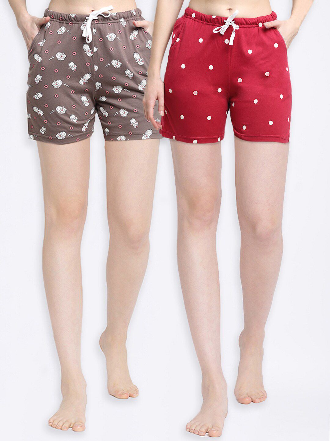 Kanvin Women Brown & Red Printed Pure Cotton Lounge Shorts Pack Of 2 Price in India