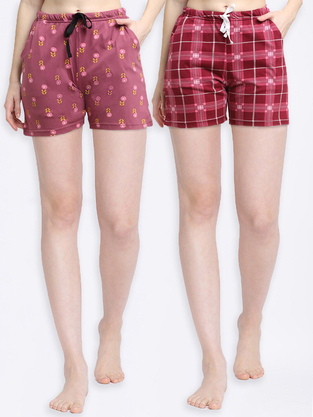 Kanvin Women Peach-Coloured & Maroon Set of 2 Printed Cotton Lounge Shorts Price in India