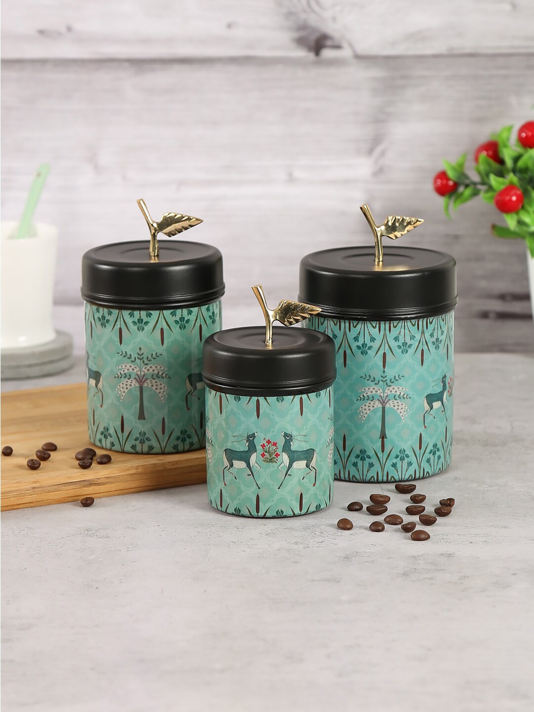 India Circus by Krsnaa Mehta Set Of 3 Green & Black Mirroring Deer Garden Printed Steel Container Price in India