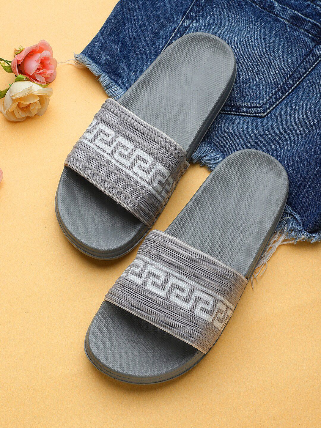 Pampy Angel Women Grey & White Self Design Sliders Price in India