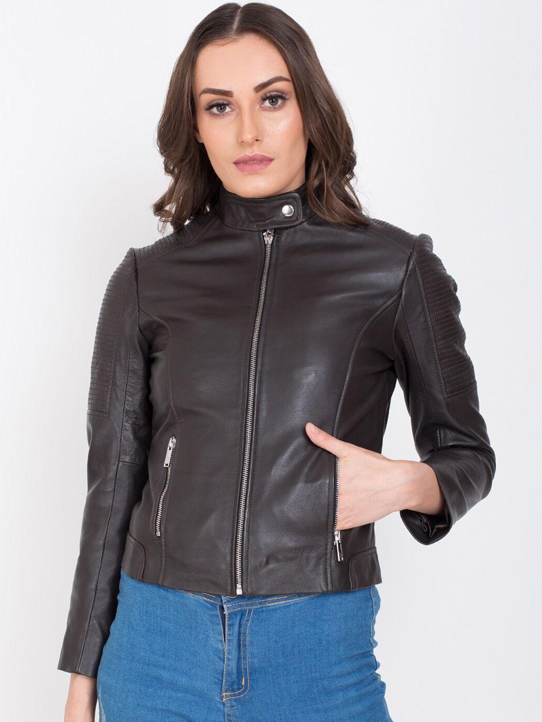 Justanned Women Brown Leather Lightweight Outdoor Biker Jacket Price in India