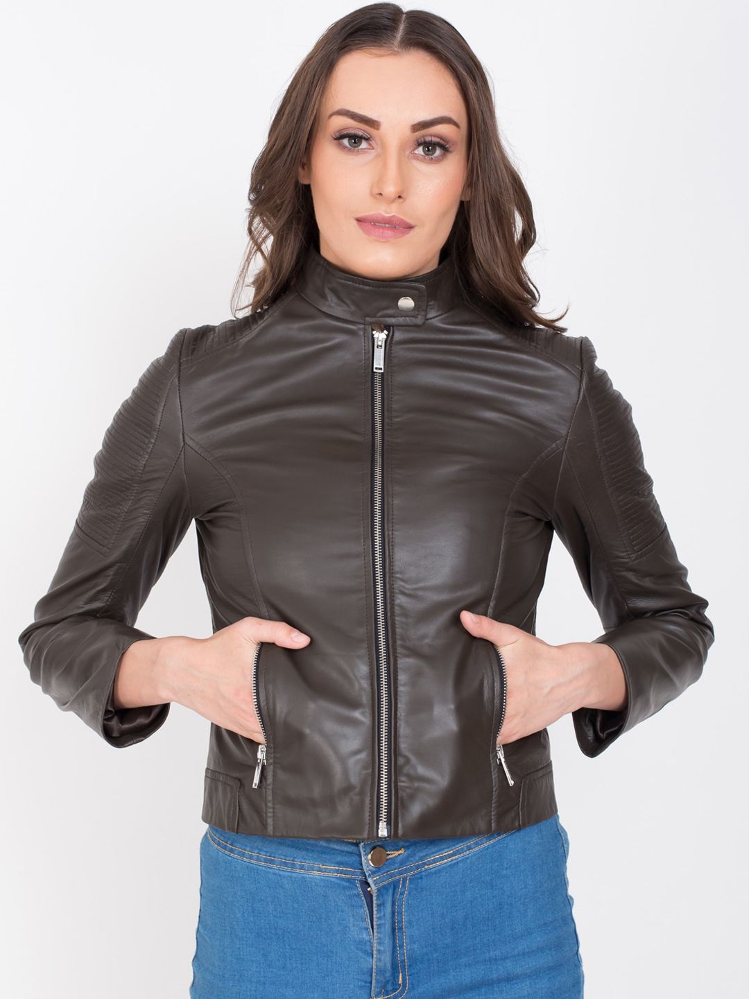 Justanned Women Coffee Brown Leather Lightweight Outdoor Leather Jacket Price in India