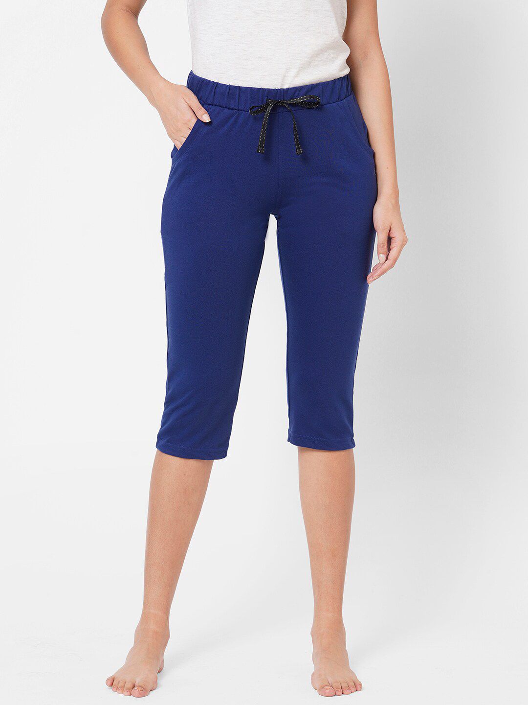 Sweet Dreams Women Blue Solid Cotton Lounge Capris Price in India