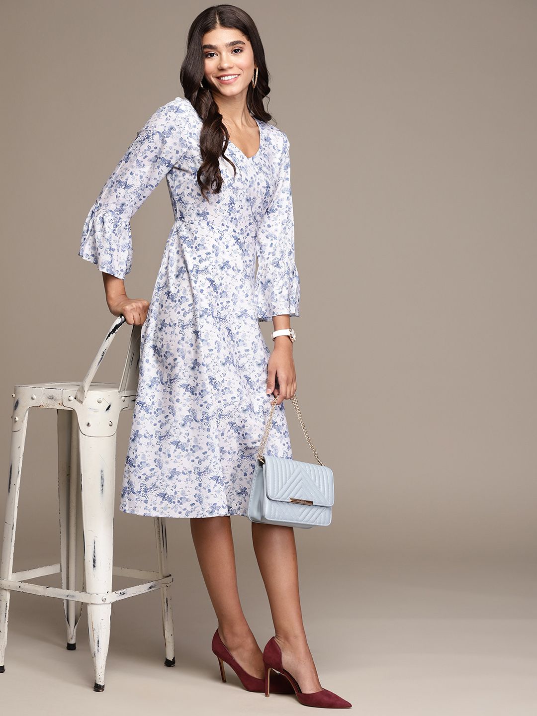 ZIYAA White & Blue Floral Print A-Line Midi Dress Price in India