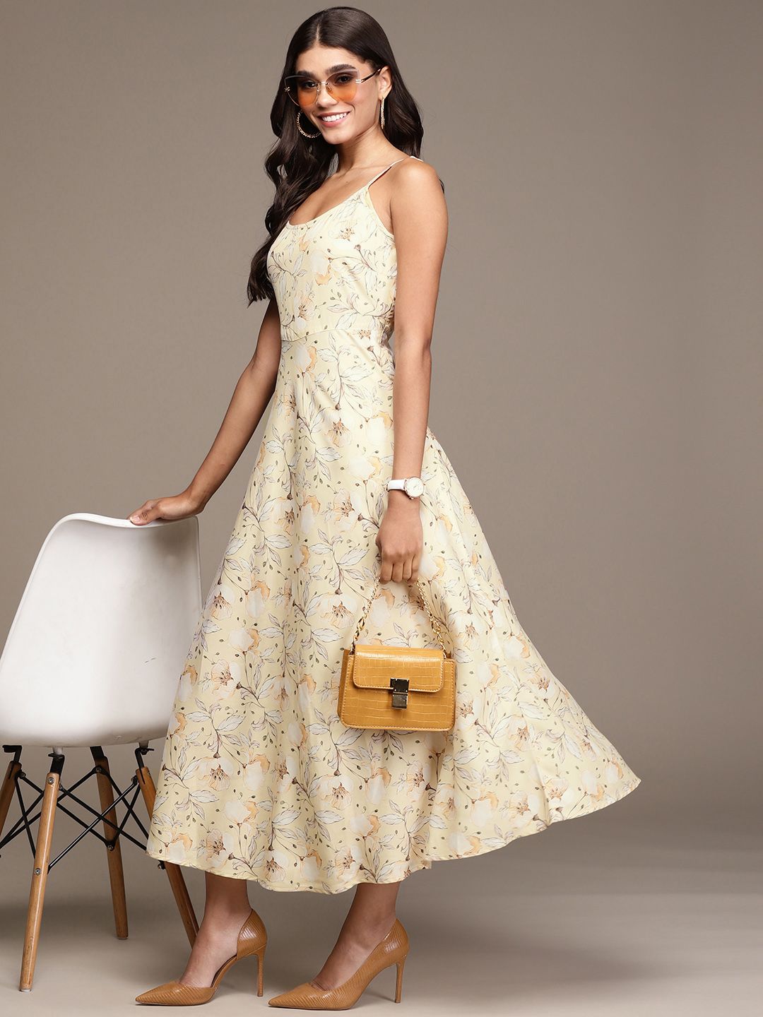 ZIYAA Yellow & Off White Floral Print Maxi Dress Price in India