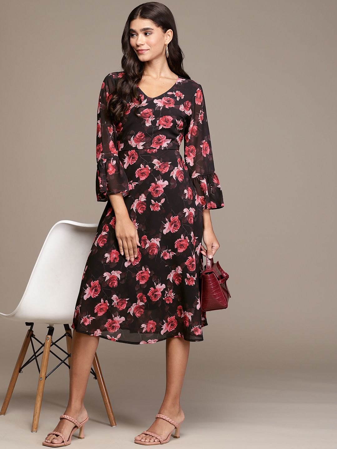 ZIYAA Black & Red Floral Print A-Line Mini Dress Price in India